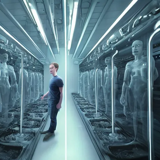 Image similar to mark zuckerberg sitting in front of his clones growing inside a vat of protein fluid. They are inside the cloning med bay of an alien ship. the ceiling and floor glow. from science fiction movie.