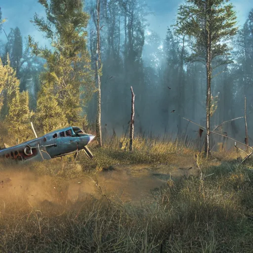 Image similar to war torn battlefield outside of a forest, crashed plane, dragon flies overhead, golden hour, ray tracing reflection, 8k, hyper realistic, insainly detailed, hdr, octan render,