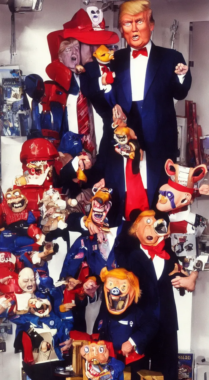 Prompt: animatronic trump!, realistic color 1980 photo, chuck e cheese, portrait