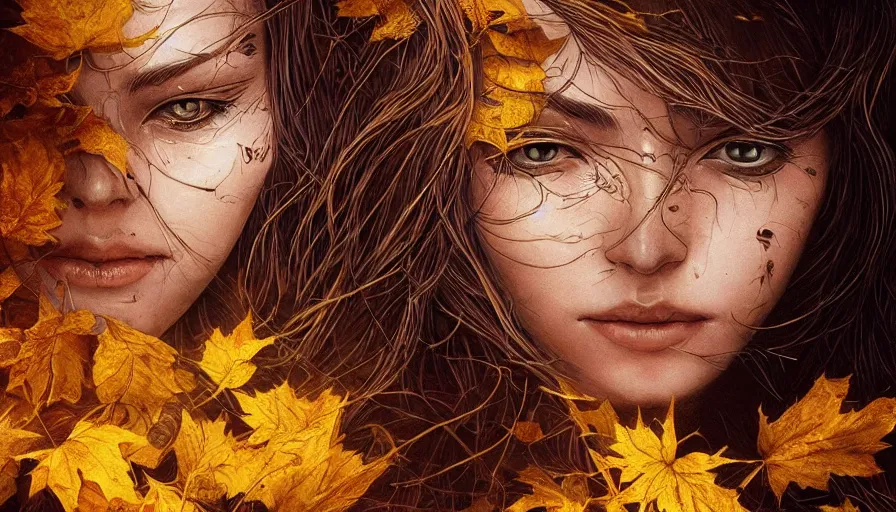 Image similar to golden leaves at frame border, creative!!! composition for a book cover!!!, absurdly beautiful, ultrafine hyperrealistic detailed old!! witch face by wlop and artgerm and greg rutkowski, intricate linework, sharp focus, smooth, octopath traveler, final fantasy, unreal engine, dramatic lighting, ethereal, 8 k