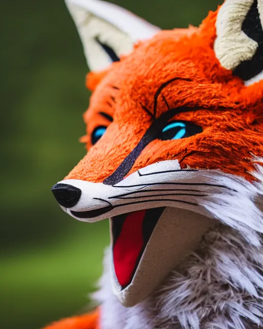 Image similar to portrait photo still of a fox fursuit, 8 k, 8 5 mm f 1. 8