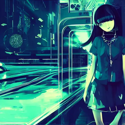 Image similar to Frequency indie album cover, luxury advertisement, indigo filter, blue and black colors. highly detailed post-cyberpunk sci-fi close-up schoolgirl in asian city in style of cytus and deemo, mysterious vibes, by Ilya Kuvshinov, by Greg Tocchini, nier:automata, set in half-life 2, beautiful with eerie vibes, very inspirational, very stylish, with gradients, surrealistic, dystopia, postapocalyptic vibes, depth of field, mist, rich cinematic atmosphere, perfect digital art, mystical journey in strange world, beautiful dramatic dark moody tones and studio lighting, shadows, bastion game, arthouse