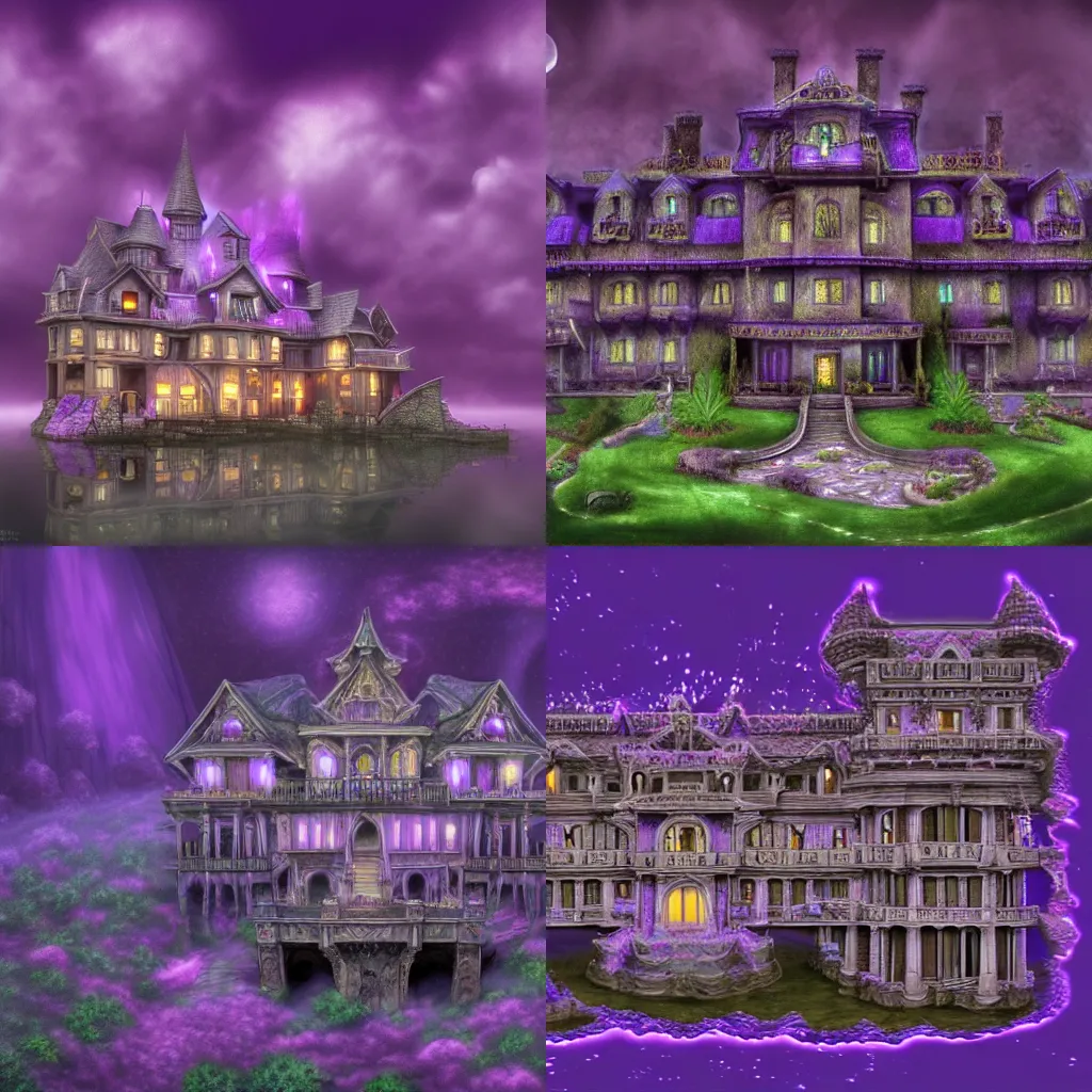 Prompt: a magical mansion floating in a void of purple mist, dungeons and dragons, digital art, 4K ultra hd