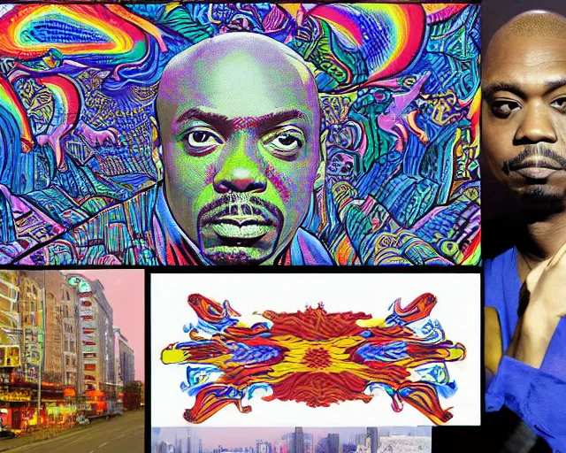 Image similar to Dave Chappelle, Kayne West, and Jackie Chan doing LSD, a photo of Chinatown Streets By Rainer Hosch, and Alex Grey