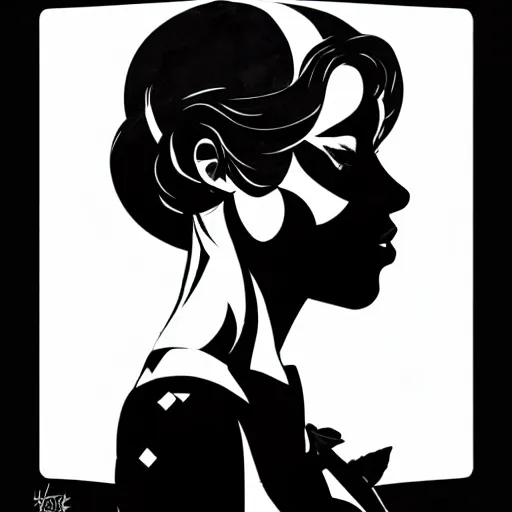 Prompt: black and white silhouette feminine woman portrait - hunter, logo, ink drawing, art by jc leyendecker and sachin teng