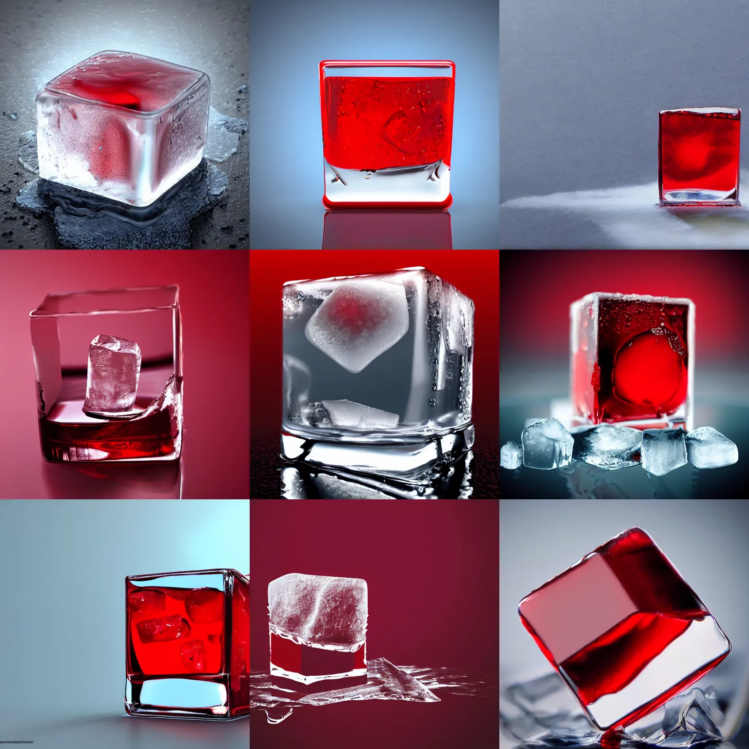 Prompt: photorealistic ice cube with red tint