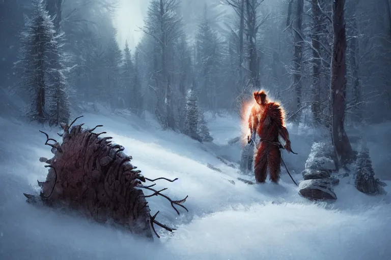 Prompt: berserker wolverine in a lapland cannon snow covered trees volymetric light ethereal dusk by noah bradley and john howe