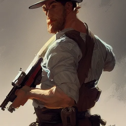 Image similar to mustle manly man holding a gun, elegant, dynamic pose, highly detailed, digital painting, artstation, concept art, matte, sharp focus, illustration, art by Artgerm and Greg Rutkowski and Alphonse Mucha
