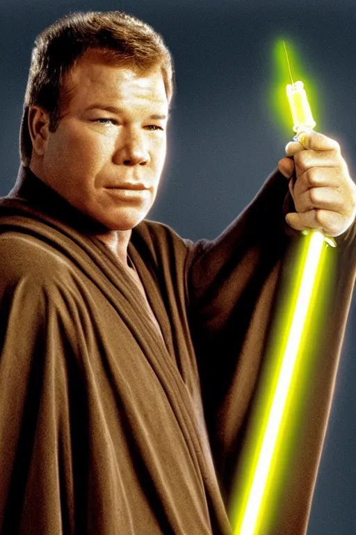 Prompt: photorealistic!! young adult william shatner as a jedi knight, brown jedi robe, holding a yellow lightsaber, film quality