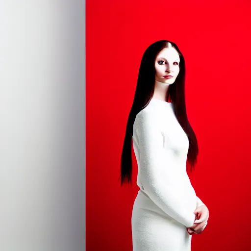 Image similar to Stunning modern studio portrait photograph of the original female model named Mona Lisa standing in a white room wearing a red dress, XF IQ4, f/1.4, ISO 200, 1/160s, 8K, RAW, unedited, symmetrical balance, in-frame, sharpened