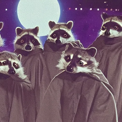 Image similar to 1 9 8 0's sci - fi movie still, a group of sinister evil raccoons wearing dark evil cult robes perform an evil ritual standing in a circle around a piece of pizza on top of a pentagram, dramatic candlelight