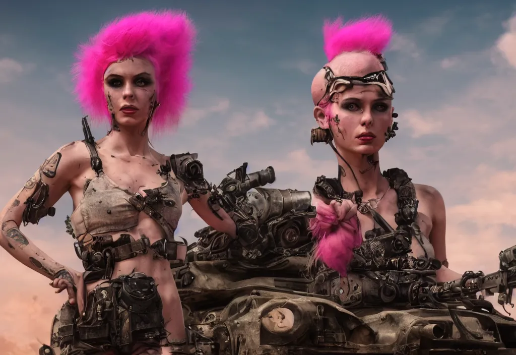 Image similar to beautiful apocalyptic tank girl with pink Mohawk, posing on mad max panzer tank, 4k ultra hd, fantasy dark art, artstation, octane render