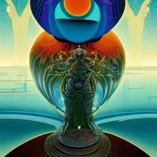 Image similar to colourful breathtakingly weird beautiful powerful magical wonderfully majestic beautifully cool character by michael whelan and moebius and beeple and kilian eng and dan mcpharlin and louis sullivan and pascal blanche and jamie hewlett and richard dadd, symmetrical, magical stormy reflections, smoke on water, 8 k artstation