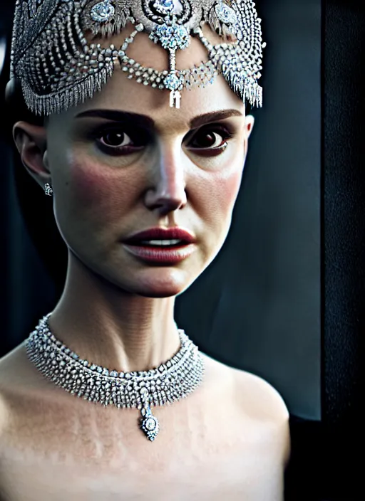 Image similar to 5 0 mm portrait of an absurdly beautiful, graceful, sophisticated, fashionable woman, natalie portman, popovy sisters, intricate jewellery, white porcelain skin, faberge, intricate chrome headdress, dark brooding atmosphere, unreal engine 5 highly rendered, global illumination, radiant light, detailed and intricate environment