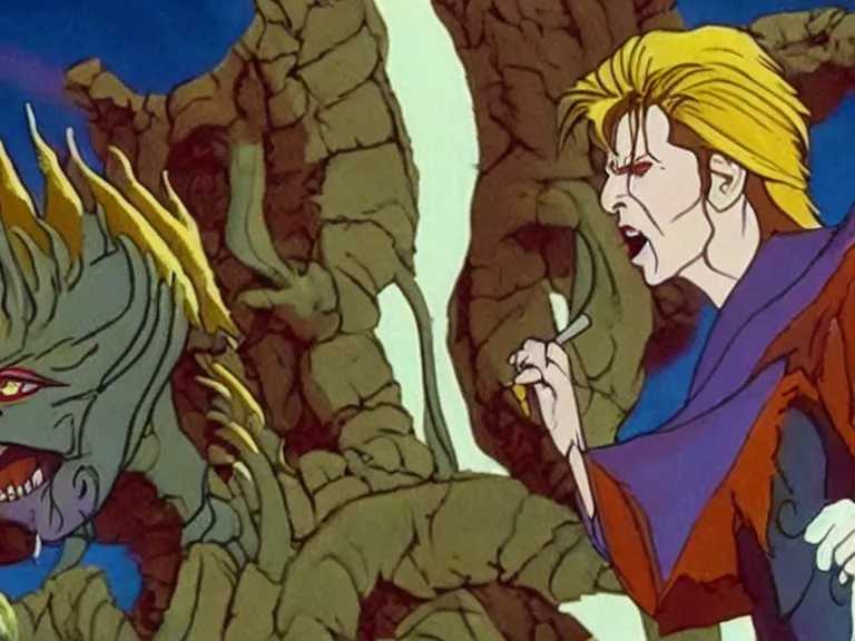 Prompt: David Bowie faces dragonlord gristletooth, still from David Bowie and the dragon lords, animated feature, in the style of don bluth, 1981, blu ray transfer, 8k