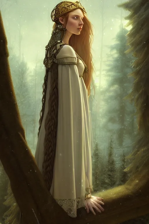 Image similar to nostalgia for a fairytale, nordic, ice, medieval maiden, long hair, tall and thin, illustration, dramatic lighting, soft details, painting, art nouveau, octane render, 8 k, hd, by edmund blair leighton, brom, charlie bowater, faces by otto schmidt