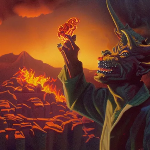 Prompt: a matte painting of the devil smoking coleslaw, hellfire color scheme, by, greg hildebrandt 8 k highly detailed