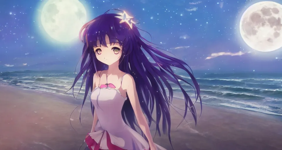 Image similar to one anime girl standing on a pier with the ocean as background at twilight, her blue shiny detailed eyes are looking at the camera, cute, big moon above the water, colorful, magical, detailed face, 8k, based on Puella Magi Madoka Magica