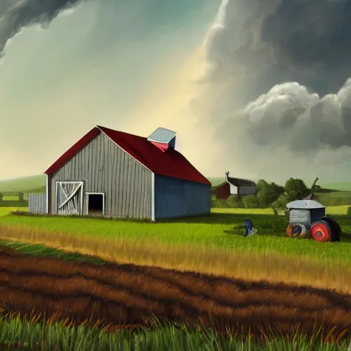 Image similar to Painting of a farm with a hurricane in the background, realistic, digital art, trending on artstation