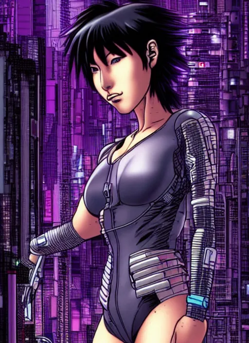 Image similar to motoko kusanagi in grungy cyberpunk megacity, intricate and finely detailed, cyberpunk vaporwave, portrait by j scott campbell