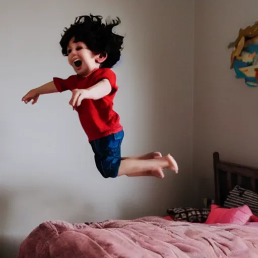 Image similar to little cute boy jumping on his bed, storybook style