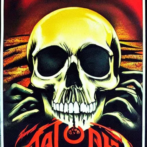 Prompt: Giallo horror poster, 1973 Italia horror film poster, skull, vampire, psychedelic