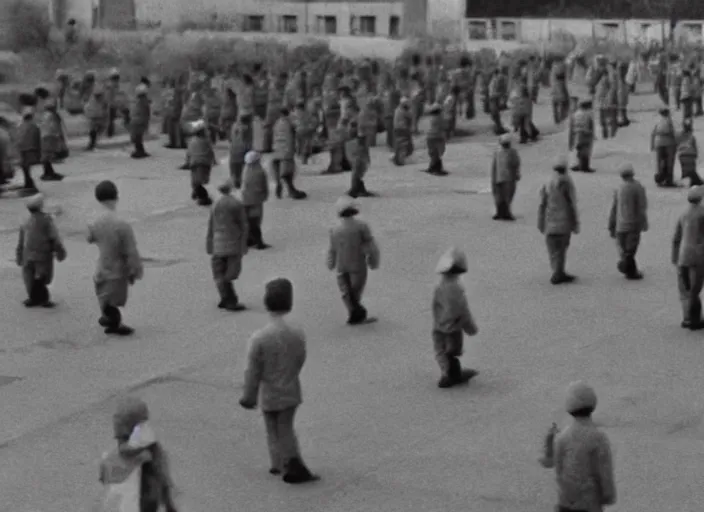 Prompt: kim jong - il clone army walking in 1 9 6 0 s pyongyang, epic thriller in the style of ghost in the shell by mamoru oshii, blur very realistic movie still, backlighting