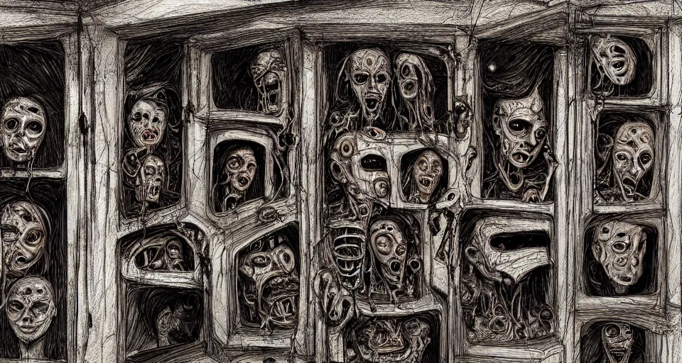 Prompt: a room with walls made from human faces, by david lapham, hand drawn, gritty, body horror, dark colors, trending on artstation, ultra high detail