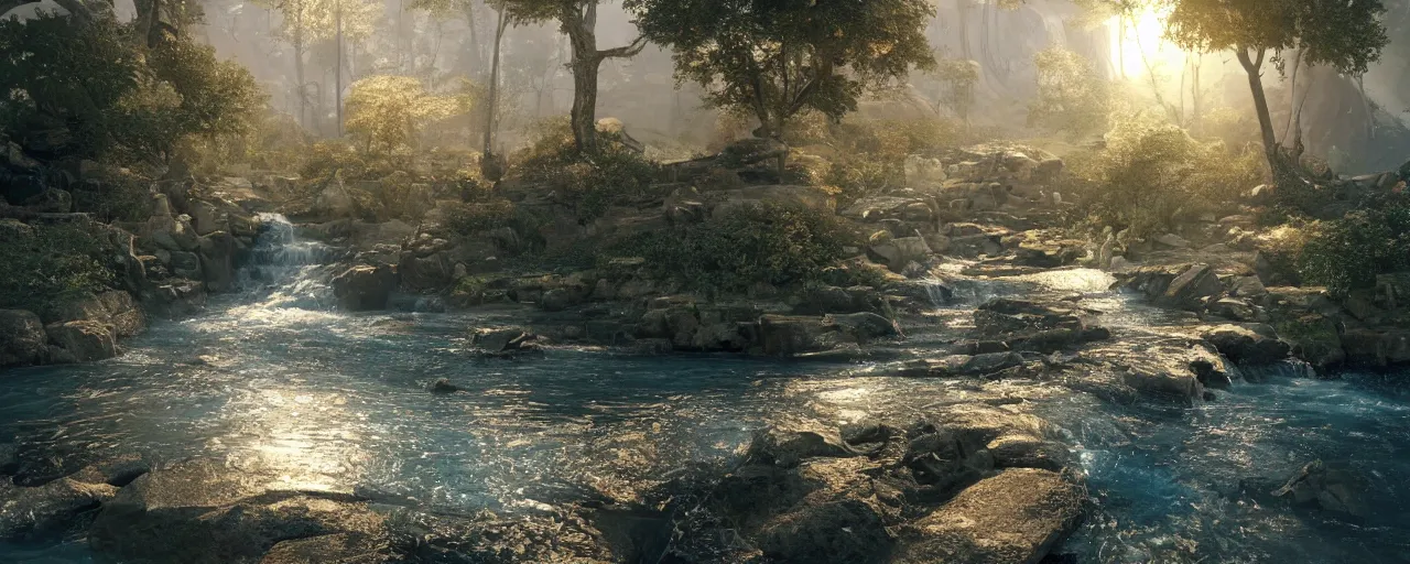 Image similar to of the throne of god and flowing from the throne is a river of the water of life as clear as crystal and in the middle of the river is a golden street and on either side of the river is a tree of life by daniel f. gerhartz and matt stewart, fantasy, photorealistic, octane render, unreal engine, dynamic lighting