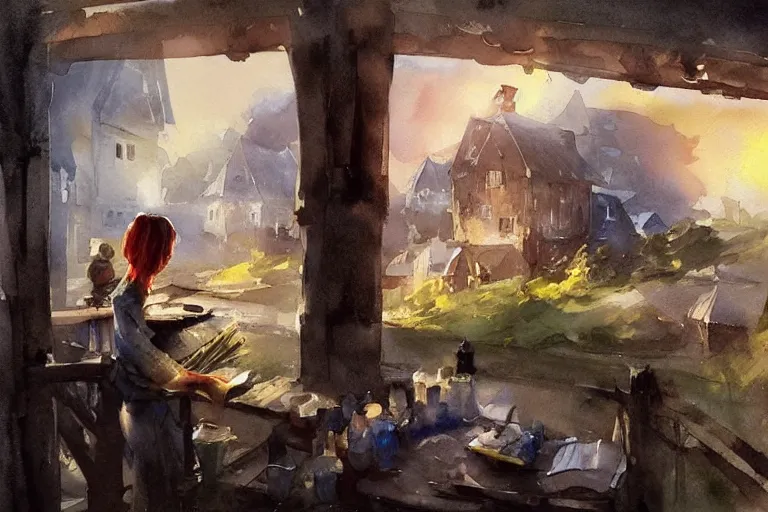 Prompt: paint brush strokes, abstract watercolor painting of rustic village at nightfall, lantern, ambient lighting, art by hans dahl, by jesper ejsing, art by anders zorn, wonderful masterpiece by greg rutkowski, cinematic light, american romanticism by greg manchess, creation by tyler edlin