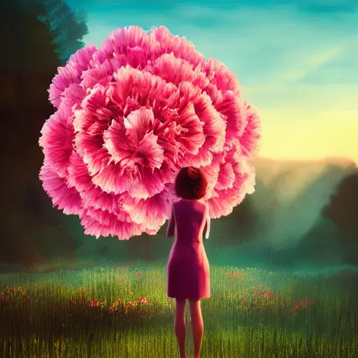 Image similar to giant carnation flower head, girl in suit, surreal photography, sunrise, dramatic light, impressionist painting, digital painting, artstation, simon stalenhag