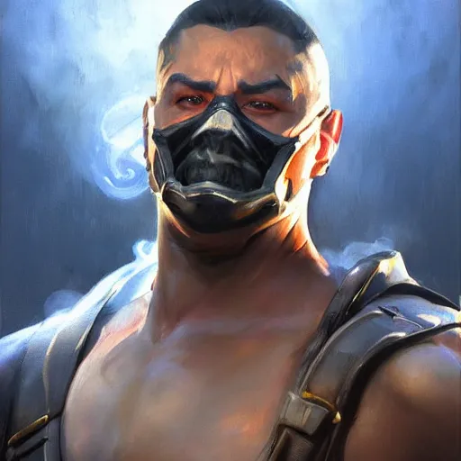 Prompt: greg manchess portrait painting of smoke from mortal kombat as overwatch character, medium shot, asymmetrical, profile picture, organic painting, sunny day, matte painting, bold shapes, hard edges, street art, trending on artstation, by huang guangjian and gil elvgren and jesper ejsing