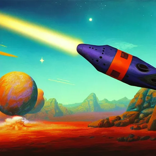 Image similar to A rocketship about to land on an unfamiliar planet, super cool rocket, Acrylic Paint, Concept Art, Digital Art, 16-bit RGB, Global Illumination, by Bob Byerley, by Yoshitaka Amano