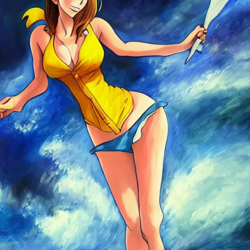 Image similar to emma watson as nami from one piece, oil painting, full body.