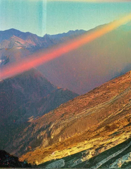 Image similar to vintage color photo of light rays shinning through Cordillera De Los Andes, 8k definition