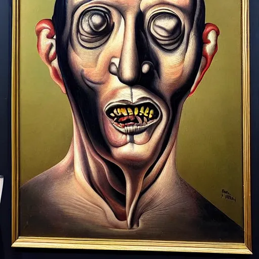 Image similar to Oil painting with black background by Christian Rex Van Minnen Robert Williams Salvador Dali of a portrait of an extremely bizarre disturbing mutated man with intense chiaroscuro lighting perfect composition