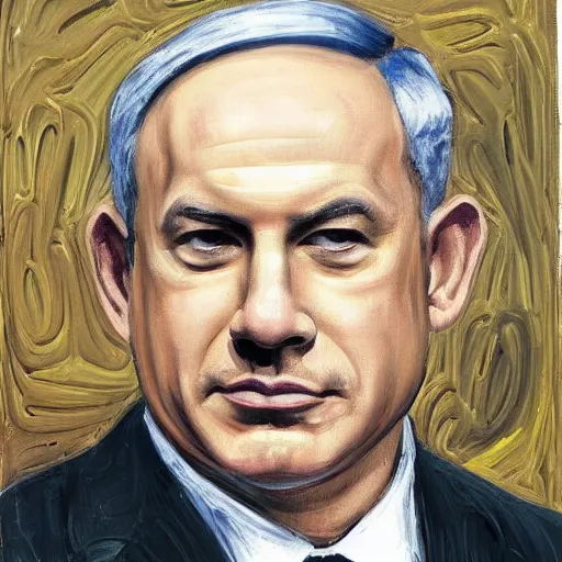 Prompt: benjamin netanyahu on a victorian style bad old deteriorating walls in the background in the style of lucian freud, painting, dark, brush strokes
