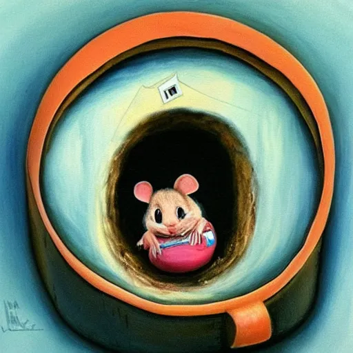 Image similar to a beautiful painting of little fat mouse watch tv, living in a hole