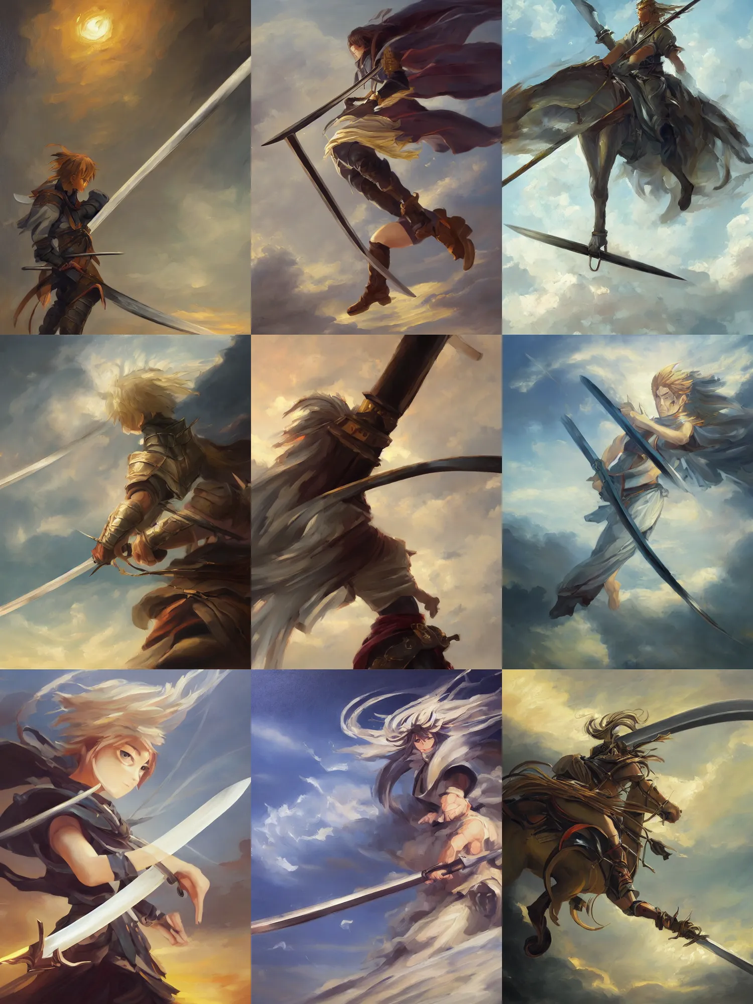 Prompt: classical oil painting of a sword, wind, energy, focused on the weapon, fantasy, trending on artstation, stylistic, brush strokes, oil, canvas, by kawacy and makoto shinkai