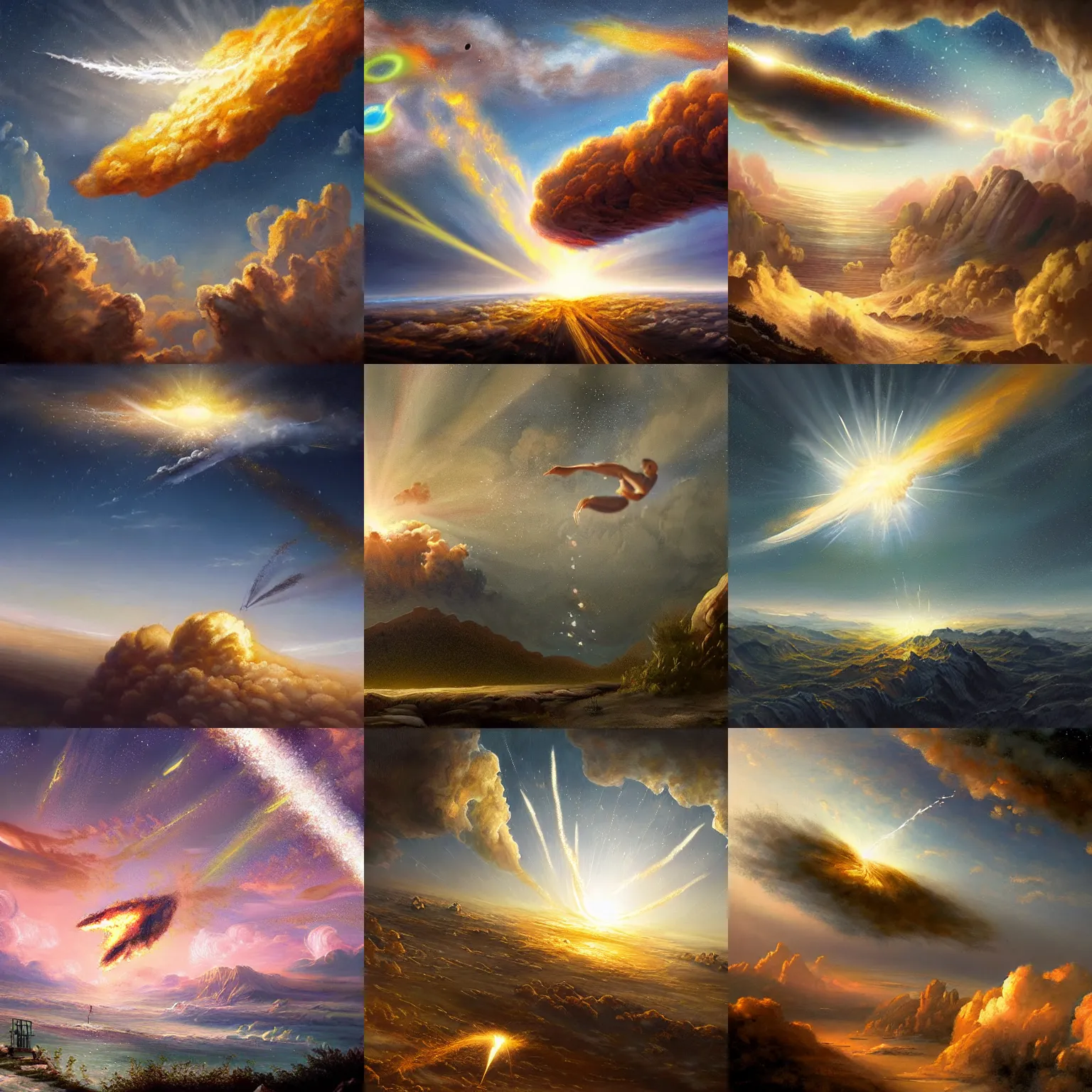Prompt: a beautiful painting of a meteor falling in the sky, realistic painting, classical painting, high definition, digital art, matte painting, very detailed, realistic