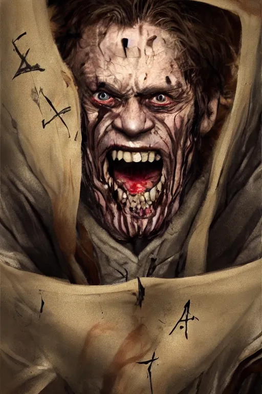 Prompt: A deranged filthy man looking like Wille. Dafoe wearing long dark damaged ripped robes showing a spell scroll, camera looking down upon, long fingernails, unclipped fingernails, sharp fingernails, focus on face, sharp focus, digital painting, trending on artstation, concept art, fantasy, medieval, D&D