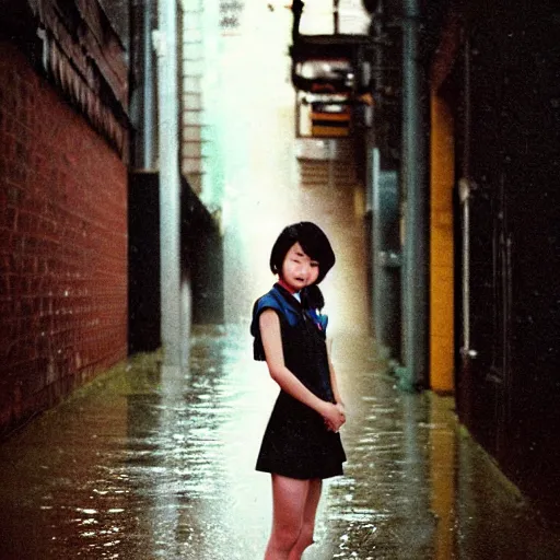 Image similar to 1990s perfect 8K HD professional cinematic photo of close-up japanese schoolgirl posing in sci-fi dystopian alleyway at morning during rain, at instagram, Behance, Adobe Lightroom, with instagram filters, depth of field, taken with polaroid kodak portra