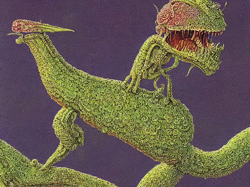 Image similar to close up view of a creature from codex seraphinianus. painting by roger dean