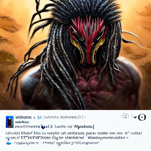 Prompt: digital paint of The Predator in an ancient Japanese town, trending on Artstation, hyperdetailed, dreadlocks