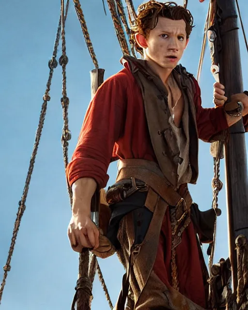 Image similar to film still of tom holland as a pirate, standing on the mast, realistic shaded lighting poster by greg rutkowski, cinematic lighting, sharp focus, highly detailed attributes and atmosphere