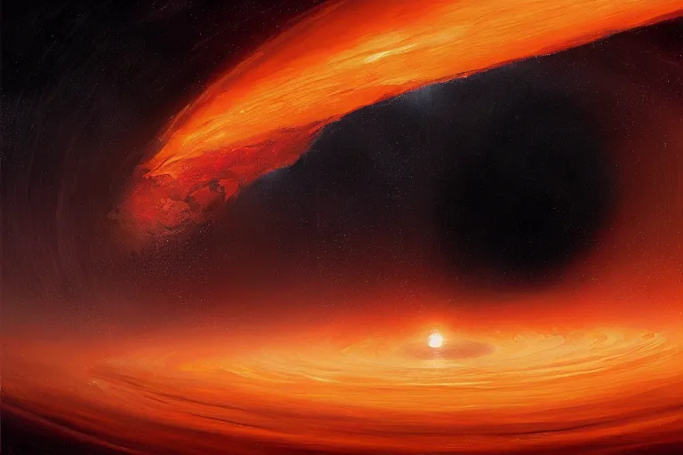 Image similar to a beautiful oil painting of the event horizon of a black hole, orange, warping, detailed, beautiful, awe - inspiring, bright, by greg rutkowski, trending on artstation