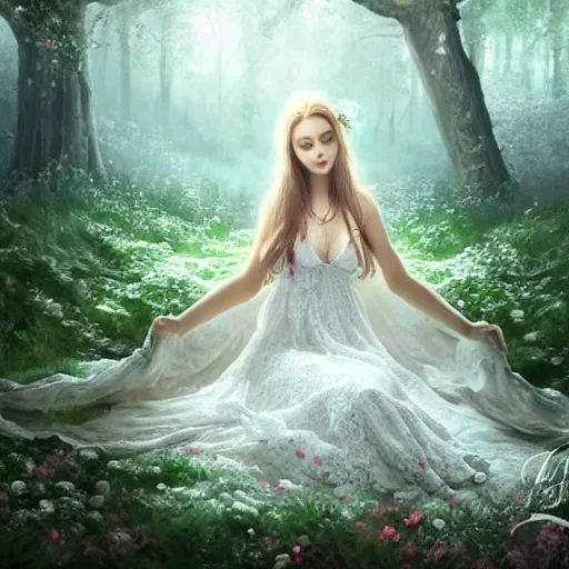 Image similar to a picture of a beautiful woman in a white lace dress and covered in flowers and leaves sitting overlooking an enchanted forest, high fantasy, elegant, epic, detailed, intricate, digital painting, concept art, realistic detailed face, smooth, focus, volumetric light through the trees,