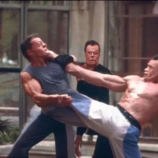 Image similar to jean - claude van damme kicking steven seagall in the face, still from an action movie, 4 k