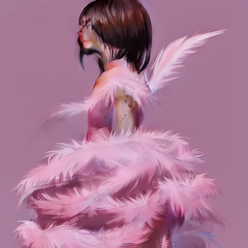 Image similar to little girl wearing an dress made of baby pink feathers, art by ilya kuvshinov, 8 k, concept art, gracious, realistic cgi