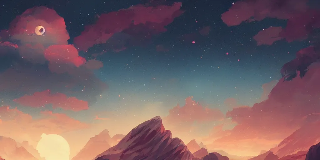 Image similar to mononoke, mountain landscape, night sky, digital art, digital painting, celestial, majestic, playful, colorful